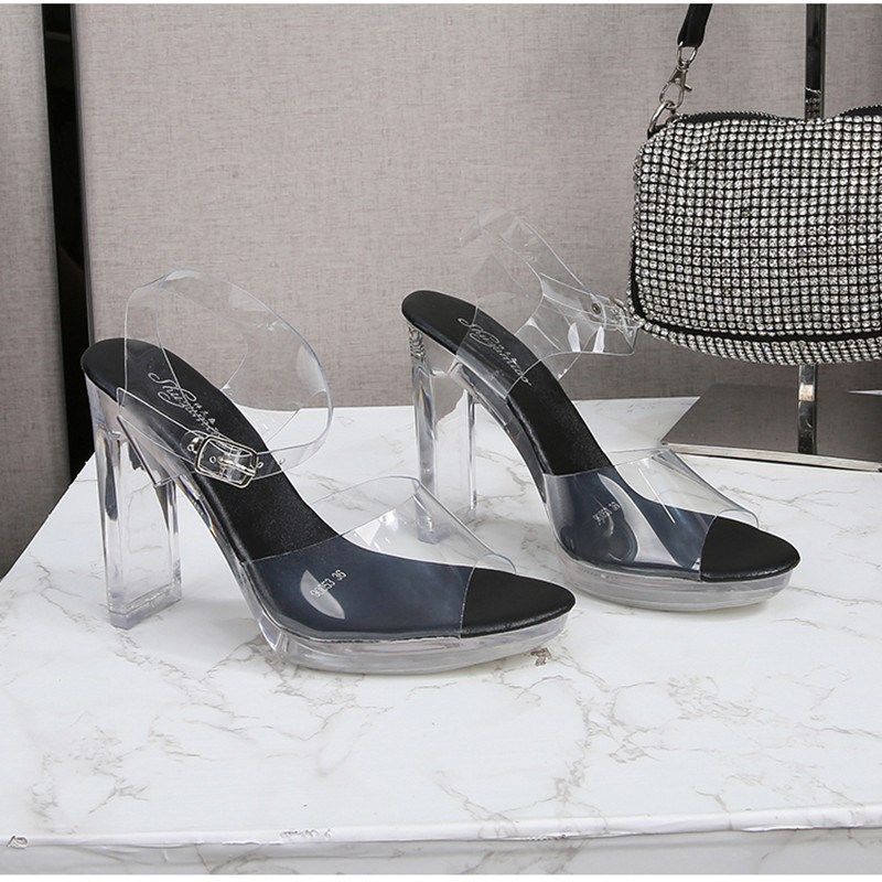 11cm超高跟透明凉鞋女夏季新款粗跟防水台百搭水晶跟鞋模特走秀鞋,女鞋,时装凉鞋,淘宝优惠券,粉丝福利购,淘宝优惠卷
