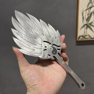 不锈钢羽扇太极八卦收扇白三国诸葛扇手工茶道具件桌面把玩摆藏