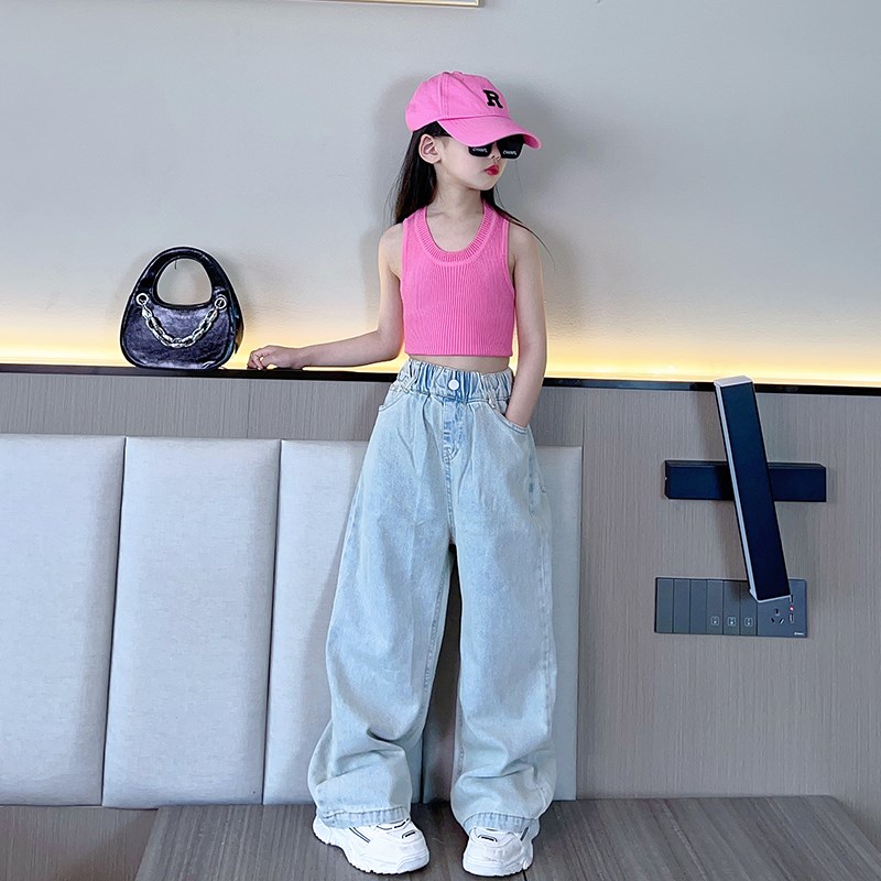 女童套装夏季牛仔裤薄款2024新款洋气时髦大童背心阔腿裤子两件套