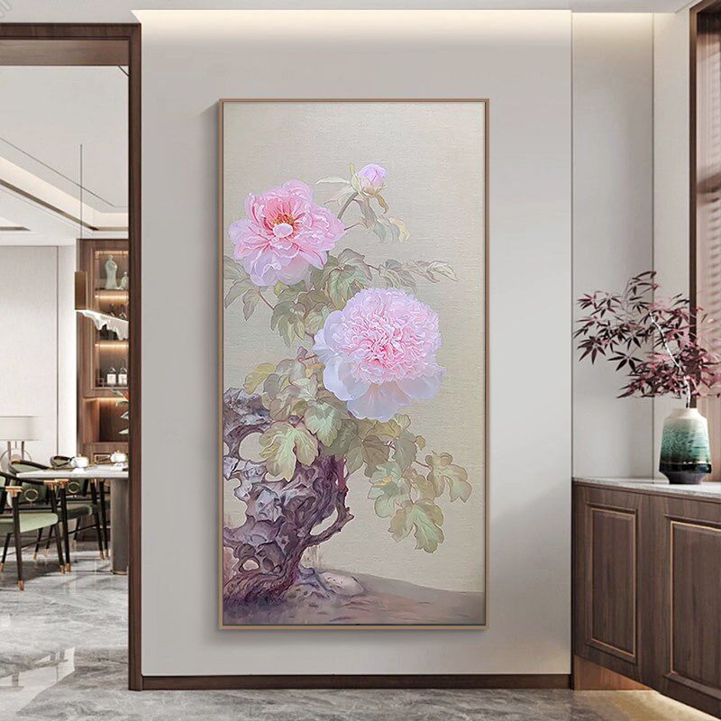 新中式粉色牡丹花客厅装饰画花团锦簇纯手绘油画玄关过道走廊挂画
