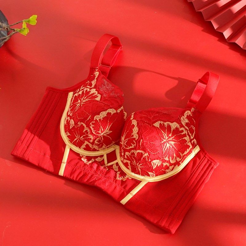 过年红色调整型内衣女加厚小胸聚拢收副乳本命年结婚新娘喜庆文胸