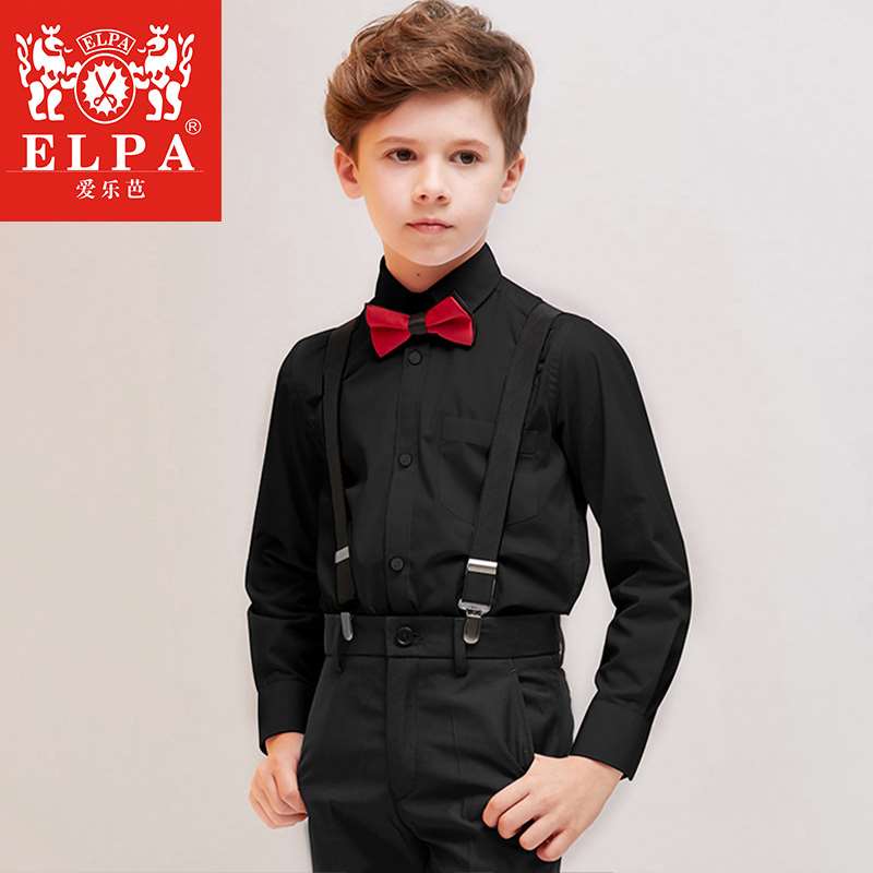 推荐ELPA男童黑衬衫儿童装黑色衬衣长袖中大童小学生校服表演出服