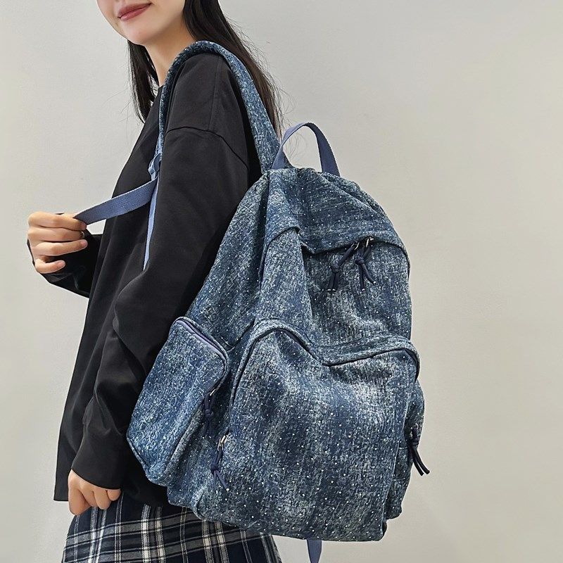 牛仔布亮晶晶设计感书包女生慵懒风大容量双肩包轻便韩系旅游背包