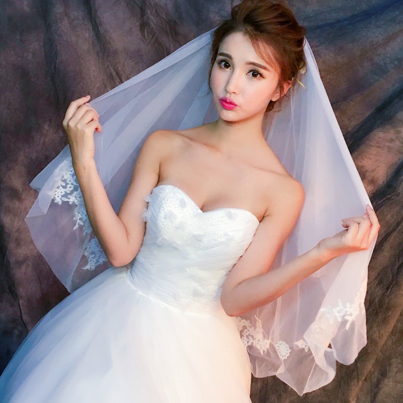速发新娘头纱女头饰超仙森系复古短款婚纱蕾丝白色结婚礼网红拍照