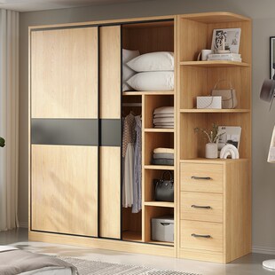 全实木衣柜家用卧室加厚背板原木色柜子新款2024爆款推拉门挂衣橱