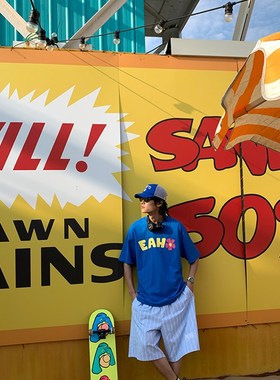 EAHO美式复古蓝色条纹短裤男女抽绳沙滩裤透P气宽松休闲百搭五分