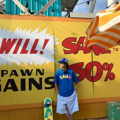 EAHO美式复古蓝色条纹短裤男女抽绳沙滩裤透P气宽松休闲百搭五分