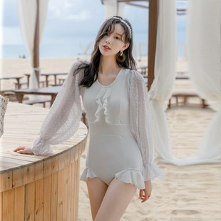 女童女孩游泳衣沙滩泳装 亲子泳衣母女长袖 白色儿童连体裙式 新款