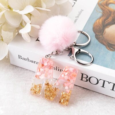 1Pc Pink Pompom Letter Keychain English Alphabet Keyring wit