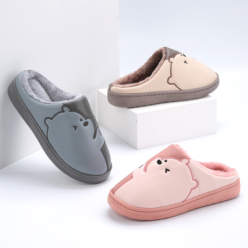 棉拖鞋女b冬季可爱PU防水家居家用厚底防滑室内保暖毛绒情侣拖鞋