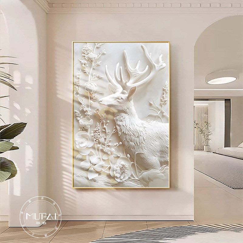 奶油风入户玄关装饰n画简约现代客厅挂画落地画麋鹿浮雕立体画壁图片