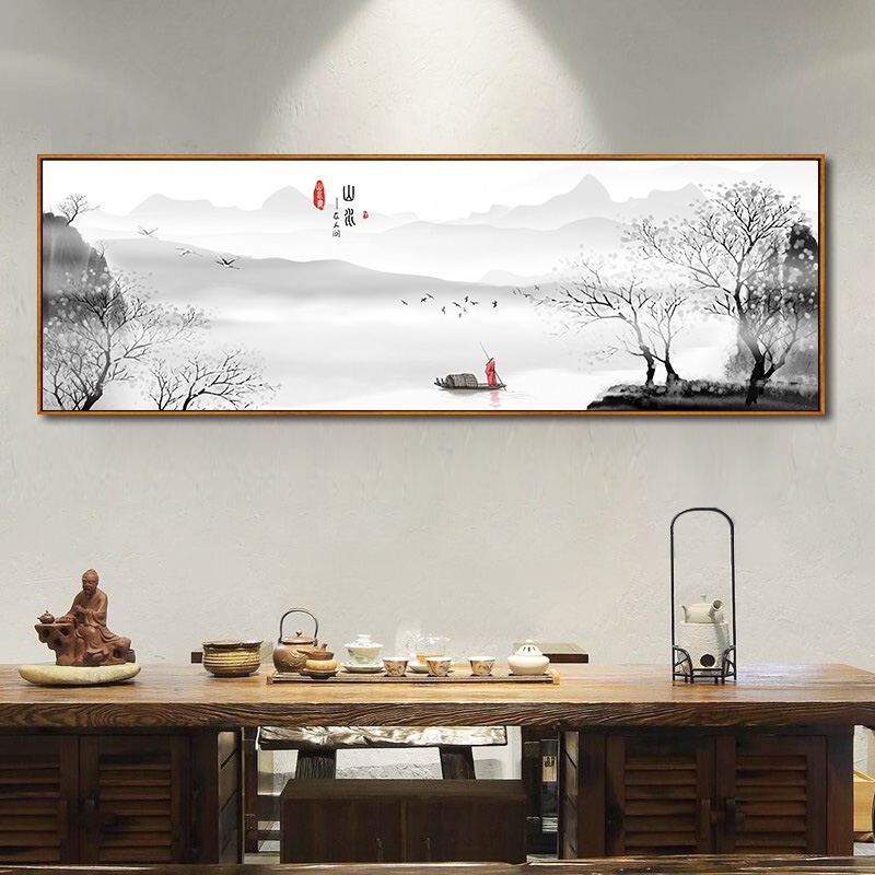 茶室墙壁客厅装饰画墙画山水画办公室禅意挂画沙发中式电视背景新