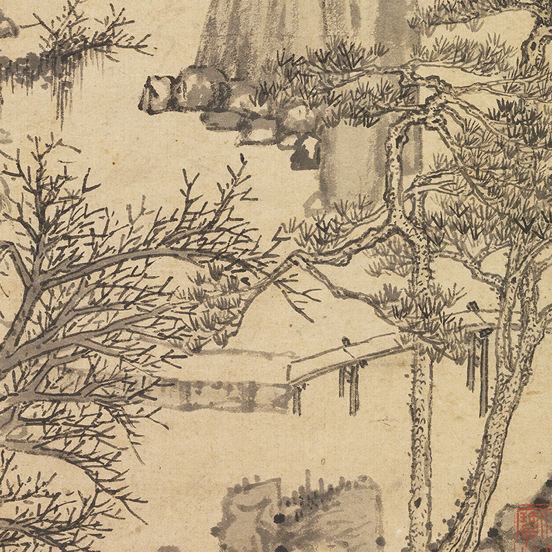 传世名画高清h复制明代沈周崇山修竹图国画山水画微喷字画装饰画