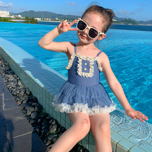儿童泳衣女2022新款 洋气女童宝宝温泉度假游泳衣 吊带连体纱纱裙式