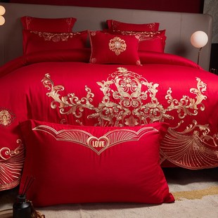 高档中式 龙凤刺绣结婚四件套大红色床单被套纯棉喜被婚庆床上用品