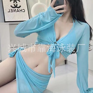 显白大红色e比基尼四件套网纱罩衫防晒海边沙滩三亚分体泳衣女裙