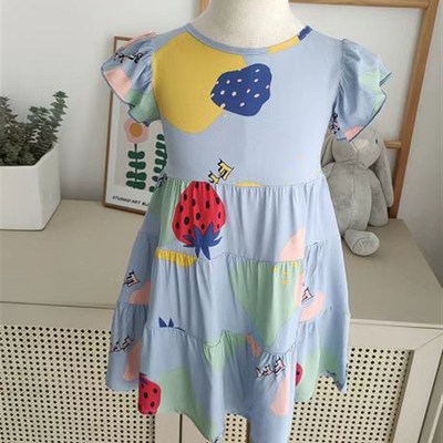 人造棉儿童睡衣女童裙子棉绸薄款连衣裙夏季绵绸睡裙宝宝草莓家居