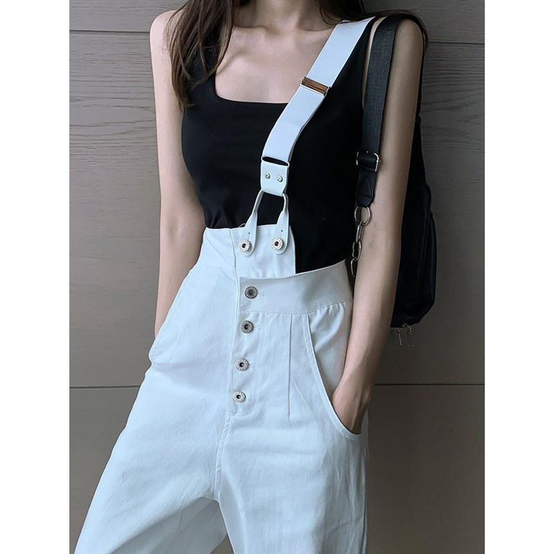 单肩牛仔背带裤女宽松直筒阔腿裤女2024年新款白色韩版显瘦九分裤