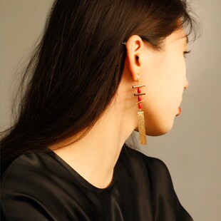 中式小众圆管层次感无耳洞金色流苏时髦高级感蚊香盘耳夹古典优雅