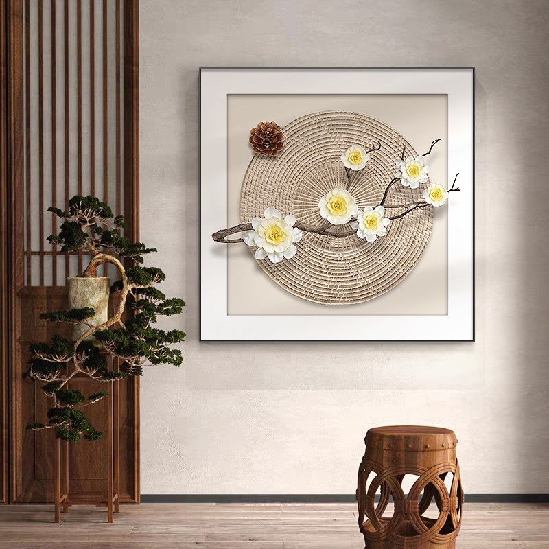 新中式客厅沙发背景墙装饰画正方形立体花卉茶室挂画工艺玄关壁画图片