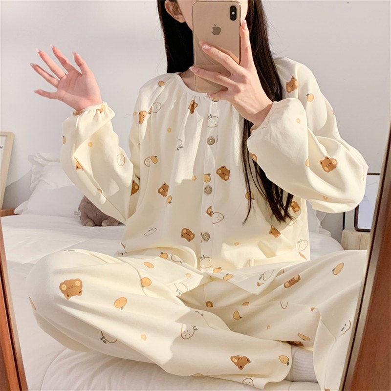 孕妇睡衣女春秋款带胸垫长袖家居服免穿内衣长裤春夏季月子服