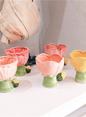 极速发货韩式手捏郁金香可爱陶瓷杯子冰淇淋L甜品麦片碗ins风香薰