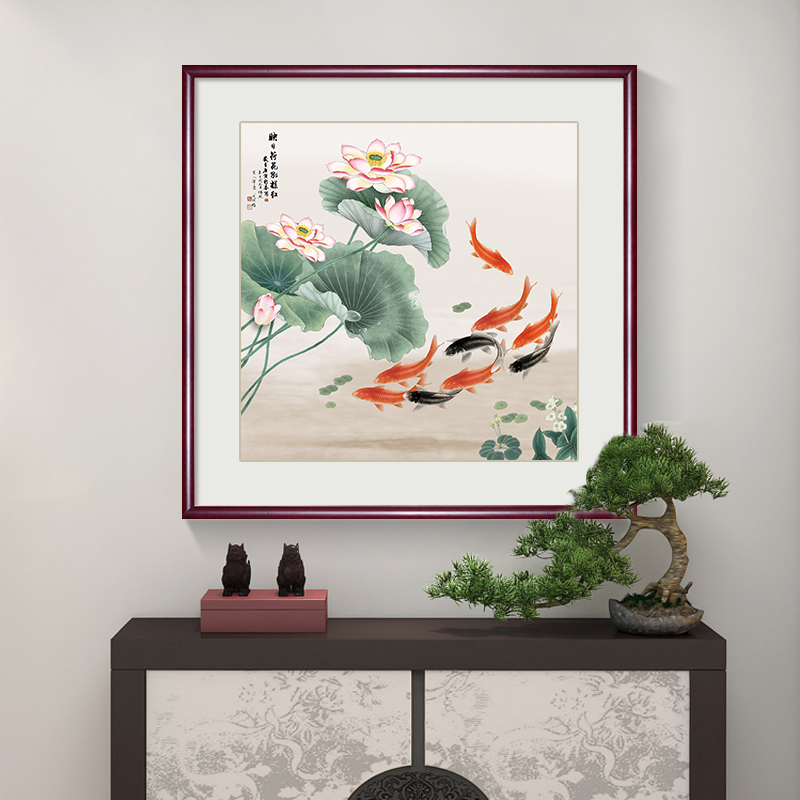 纯手绘国画九鱼图荷花玄关装饰画走廊过道挂N画斗方新中式餐厅壁图片