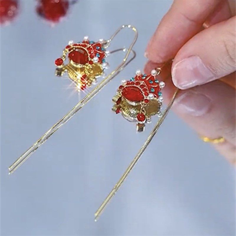 中国风红色京剧脸谱耳线女气质长款新年喜庆新娘耳饰耳环小众设计,饰品/流行首饰/时尚饰品新,耳线,淘宝优惠券,粉丝福利购,淘宝优惠卷