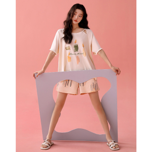 宽松套头夏天甜美圆领家居服夏装 睡衣女夏季 短裤 凉感纯棉短袖 薄款