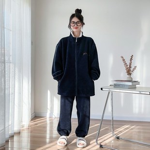 立领拉链保暖绒大码 睡衣女胖mm200斤冬季 开衫 加厚加绒家居服套装