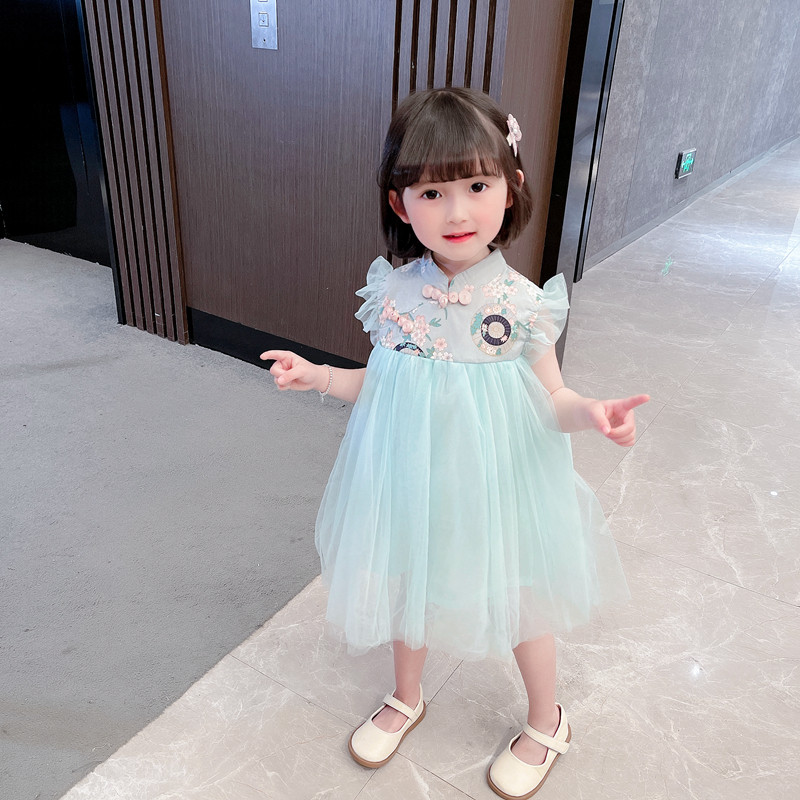 女童连衣裙夏装2023新款儿童宝宝洋气唐装超仙纱裙短袖旗袍公主裙