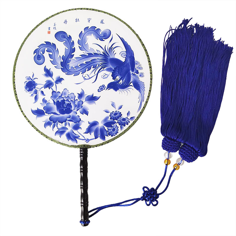团扇青花瓷舞蹈中国风长坠扇子琴台古韵圆扇夕阳红古风双面蓝色