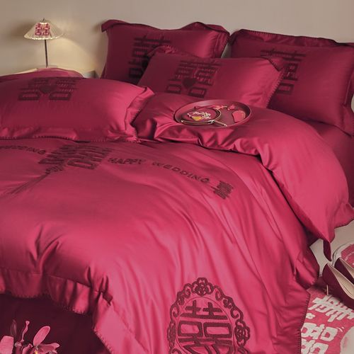 高档结婚四件套全棉婚庆喜被套纯棉酒红色床单床笠新婚房床上用品