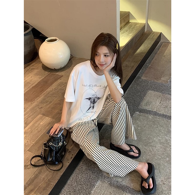 孕妇条纹阔腿裤子春夏季外穿2025新款慵懒风显瘦拖地休闲托腹长裤