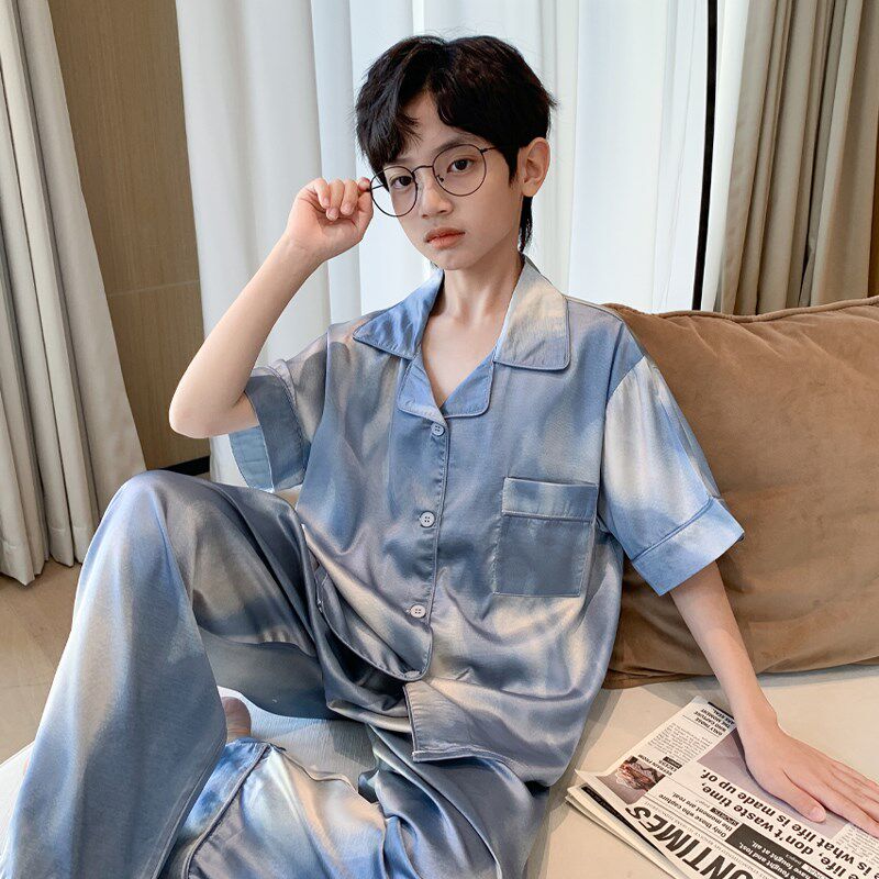 男大童儿童冰丝睡衣三件套洋气扎染夏季薄款男童家居服开衫空调服