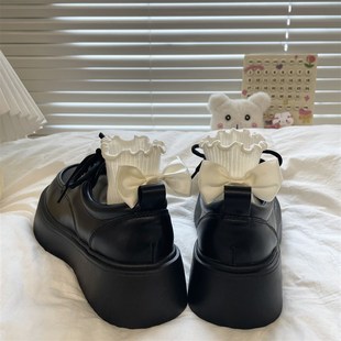 油桃Yoto黑色厚底大头小皮鞋女2023新款复古英伦风百搭系带单鞋子