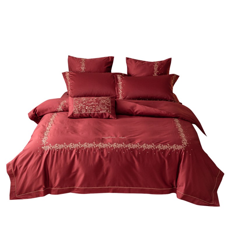 I6F9欧式风浪漫婚庆100支D四件套大红色刺绣结婚被套床上