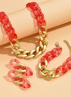 欧美跨境饰品 简约个性夸t张亚克力透明项链手链耳环时尚3件套套