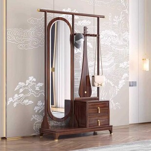 新中式实木衣帽架带镜子挂衣架带全身镜一体卧室乌金木衣架收纳架