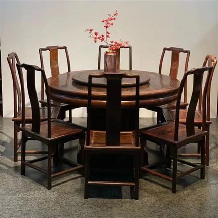 定制寮国大红酸枝红木圆桌新中式实木轻奢圆型吃饭餐桌家用圆餐桌