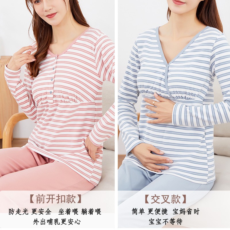女秋冬加厚大码纯棉哺乳s衣带胸垫月子家居服喂奶t恤长袖睡衣套装