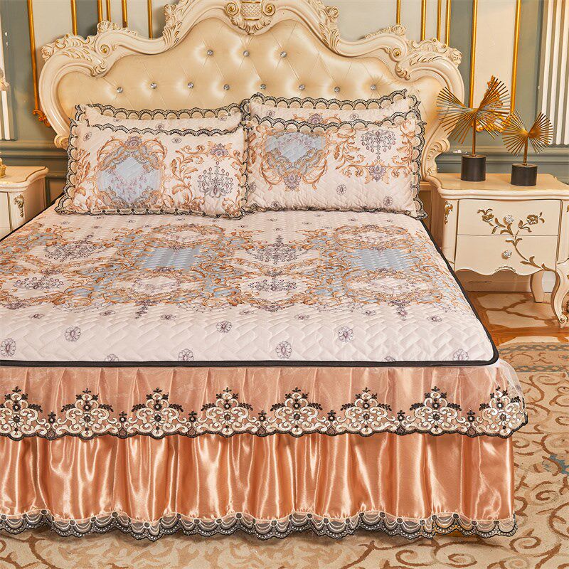欧式床裙款冰丝凉席三件套夏季家用空调软席子防滑床罩可拆卸水洗,床上用品,冰丝席,淘宝优惠券,粉丝福利购,淘宝优惠卷