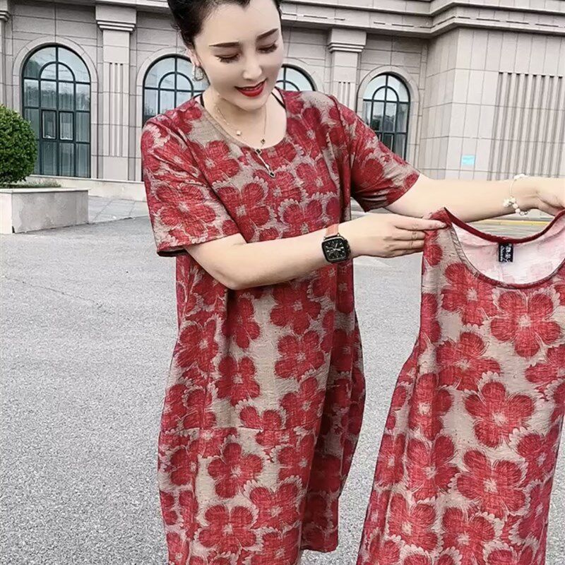 2022夏季新品圆领大码宽松棉麻印花中长版连衣裙女超薄透气打底裙