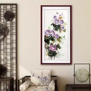 手绘无落款竖版牡丹挂画玄关装饰画新中式花鸟画走廊通道壁画入户