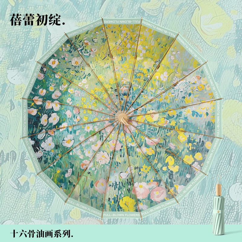 2024爆款三折16骨复古油画彩胶晴雨伞实木手柄遮阳X伞防晒太阳伞