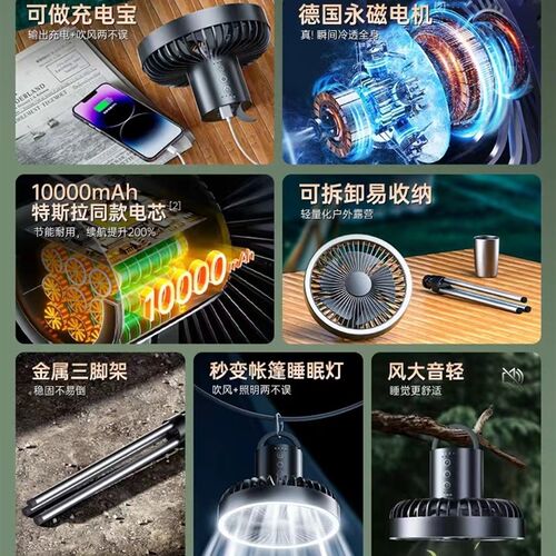 户外露营风扇充电款超长续航可携式带照明灯移动野营电风扇帐篷吊