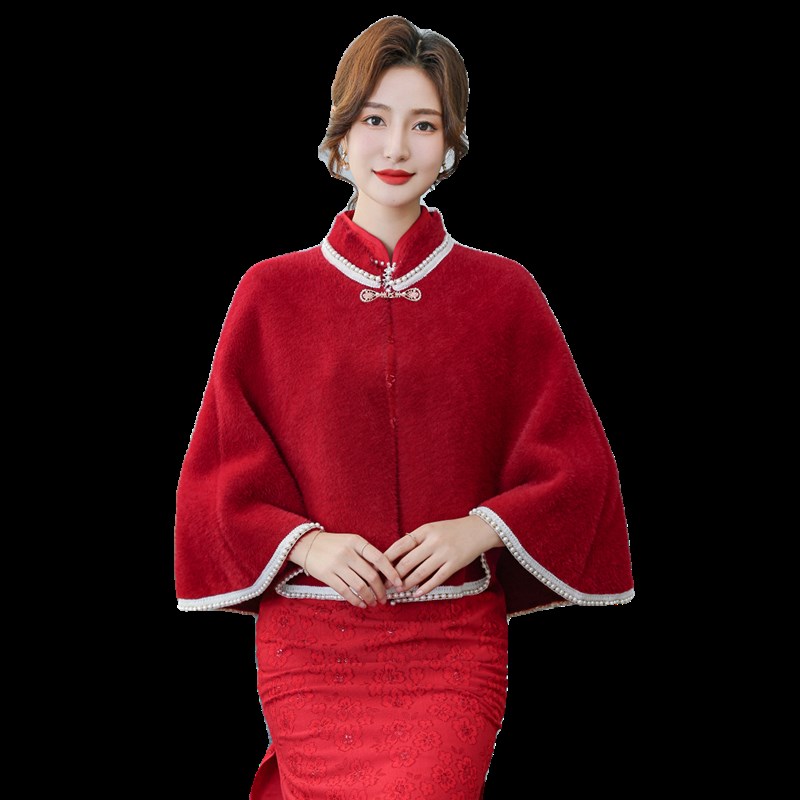 旗袍披肩女年轻款2024秋冬新款新娘结婚订珠敬酒服皮草披肩小外套