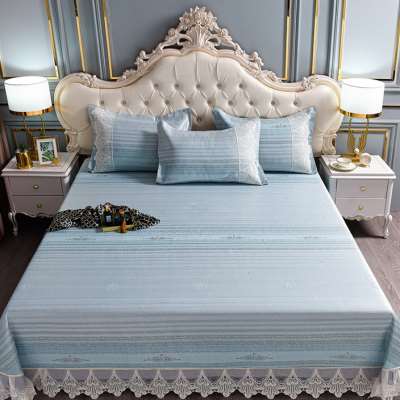 冰丝凉席三件套可水洗机洗可折叠式花边床单席子夏季空调软席家用