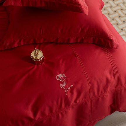 100支高端婚庆床品四件套 纯棉大红色床上纯色结婚床单床上用品
