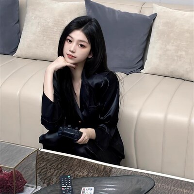 法式宫廷风高级冰丝长袖睡衣女春秋款新款大码开衫长裤家居服套装